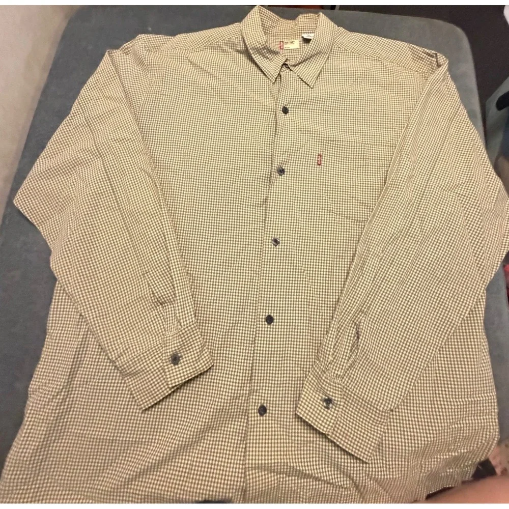 Vintage Levis Red Tab Gingham Check Button Down‎ Shirt Green Tan XL 49101-1833